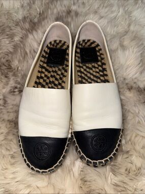 Tory Burch White and Black Leather Espadrille Flats